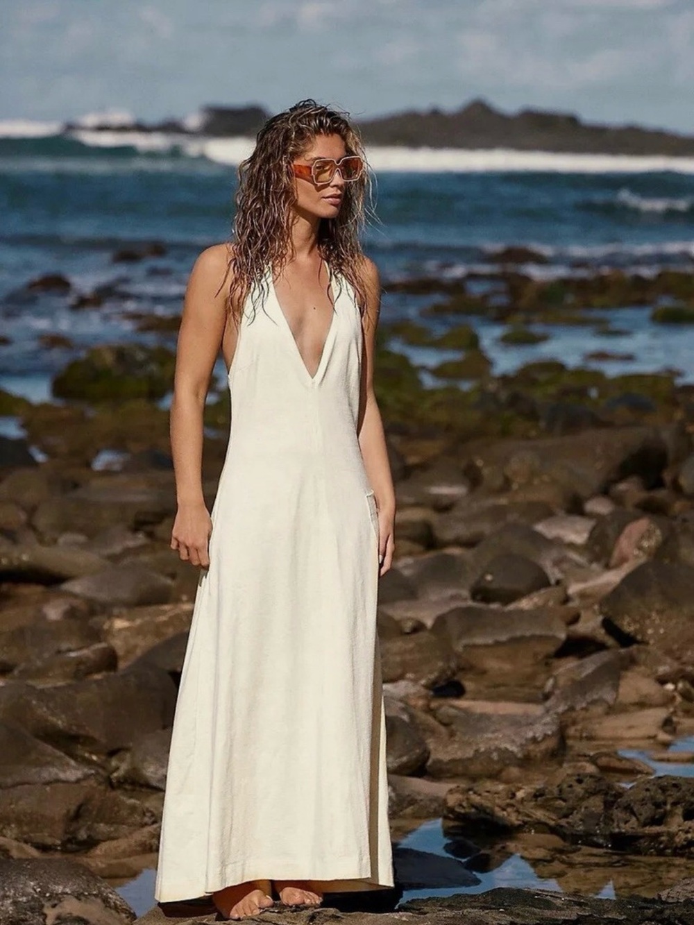 Free People Beach Victoria Low Back Halter Maxi Cotton Dress Sz X-Small